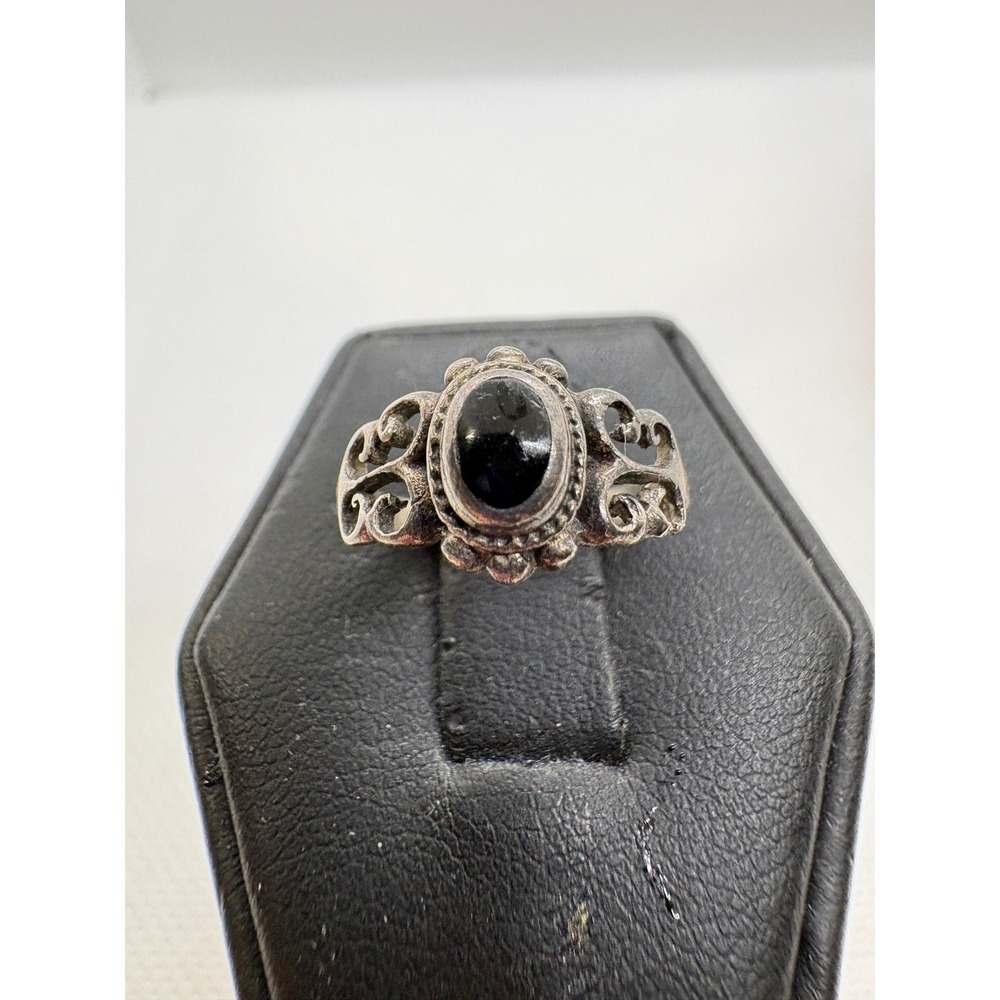 Vintage Sterling Silver 925 Black Onyx Cabochon Filigree Pinky Ring Size 4